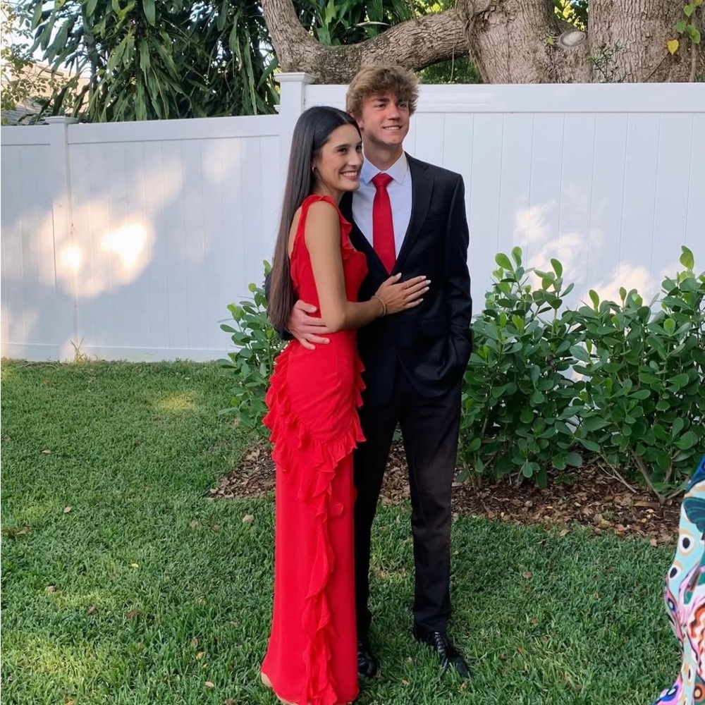 Chic Scarlet Ruffle Prom Dress - Picture 3 of 3